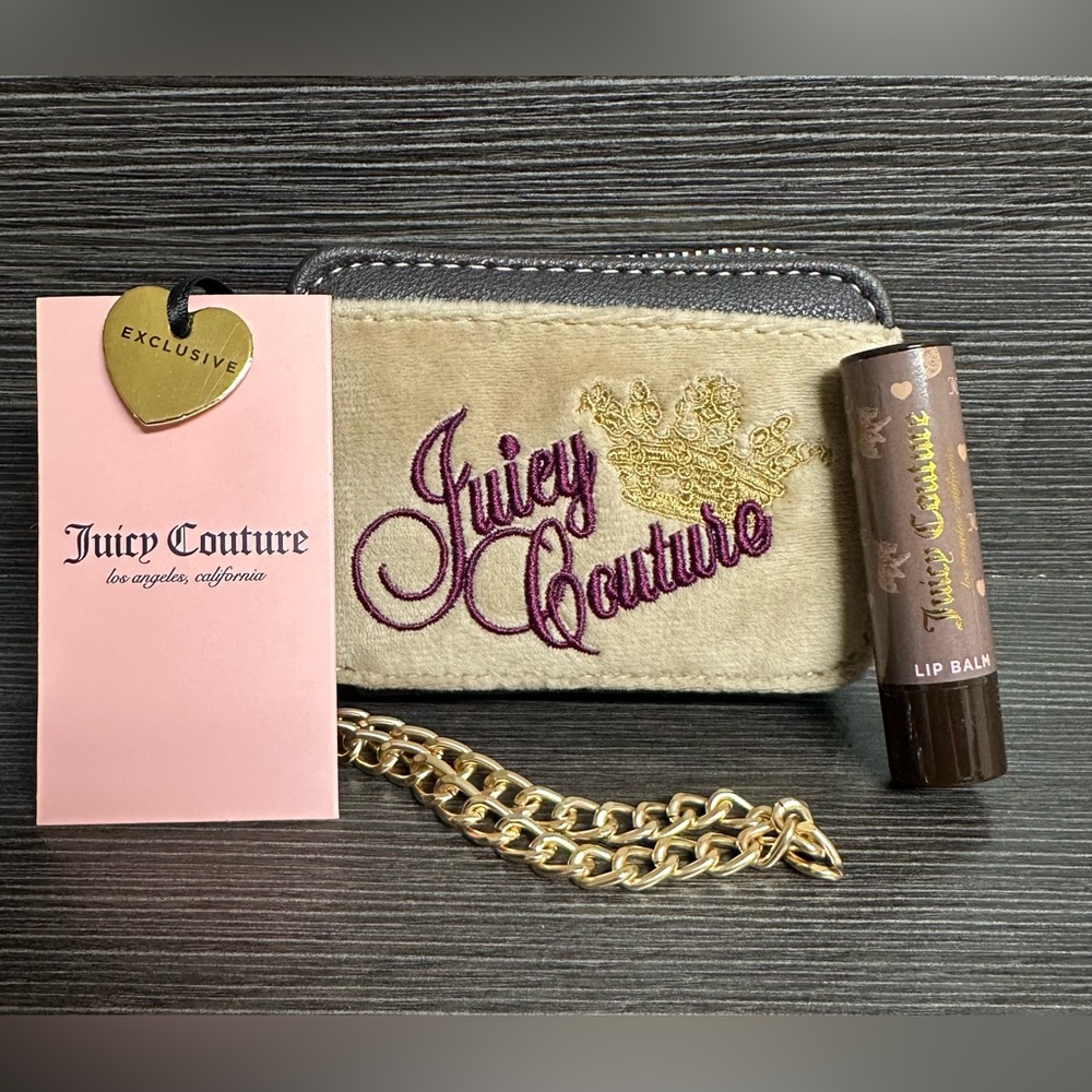 NWT "The Key to Juicy" Zip CC Wallet "Pecan" with Gold Chain & Lip Balm